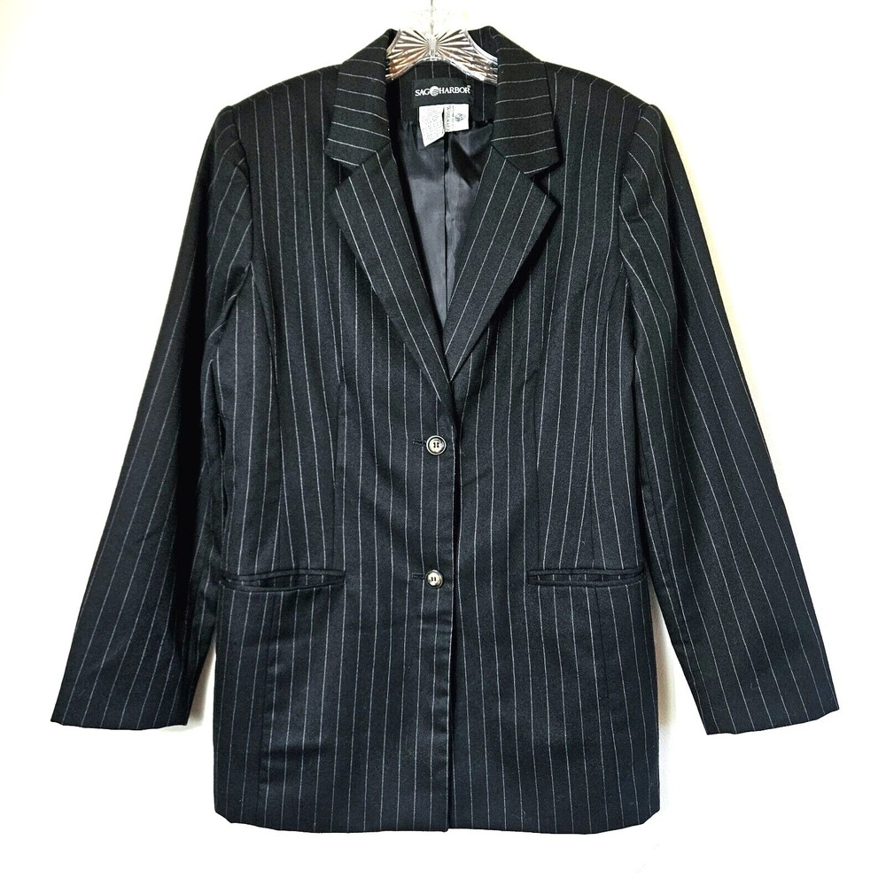 Sag Harbor Black Pinstripe Wool Blazer 10 Dark Academia Professional Vintage